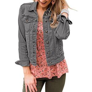Women's Basic Long Sleeves Button Down Fitted Denim Jean Jacket Gray